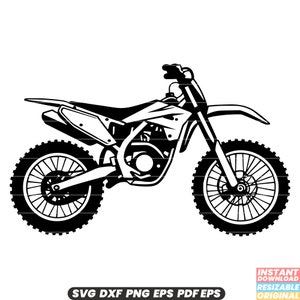 Può includere: Silhouette in bianco e nero di una moto da cross con pneumatici tassellati. La moto è rivolta a destra e presenta un design dettagliato.