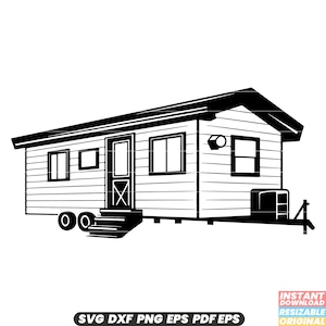 May include: Black and white line art illustration of a small, single-story house on wheels. The house has a door, two windows, and a small porch with steps. The house is on wheels and has a small, rectangular window on the side.