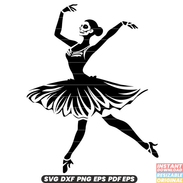 Skeleton Ballerina Halloween Costume Dance Pose Spooky Ballet Dancer Undead Skull Tutu Pointe Shoes SVG DXF PNG Cut File