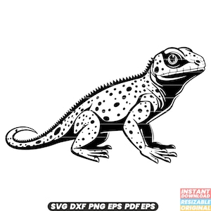 May include: Black and white illustration of a spotted lizard with a long tail and a pointed snout. The lizard is facing to the right and has its mouth slightly open.