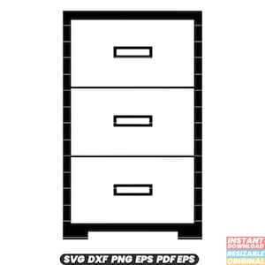 May include: Black and white illustration of a three-drawer cabinet. The cabinet has rectangular drawer pulls and is labeled with the text "SVG DXF PNG EPS PDF EPS" at the bottom. The image also includes the text "INSTANT DOWNLOAD RESIZABLE ORIGINAL".
