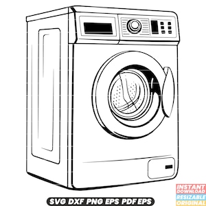 Puede incluir: Un dibujo en blanco y negro de una lavadora con una puerta de carga frontal. La máquina tiene un panel de control con botones y una pantalla digital.