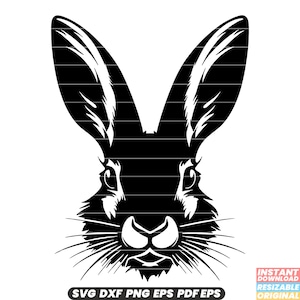 May include: Black and white silhouette of a rabbit's head with large ears and whiskers.