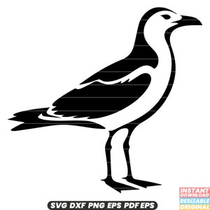 Puede incluir: Silueta en blanco y negro de una gaviota con las alas extendidas. La gaviota está de pie sobre sus dos patas.