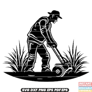 Puede incluir: Silueta en blanco y negro de una persona cortando el césped con una cortadora de césped. La persona lleva un sombrero y empuja la cortadora con la mano derecha. La cortadora de césped tiene dos ruedas y un mango. El césped está representado por hierba alta.