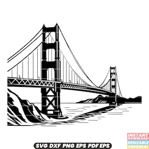 May include: Black and white silhouette of the Golden Gate Bridge in San Francisco, California. The bridge is shown with its iconic towers and suspension cables. The bridge is over water with land on either side.