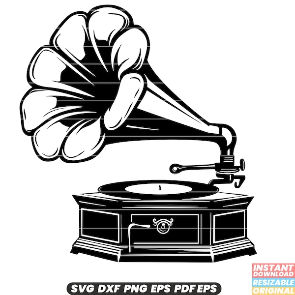 Gramophone Vintage Retro Music Player Phonograph Record Player Nostalgia Sound Antique Turntable Music Entertainment SVG DXF PNG Cut File