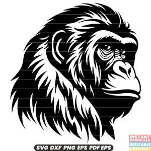 May include: Black and white silhouette of a gorilla's head, facing right, with a detailed fur pattern. The gorilla's eyes are closed and its mouth is slightly open.