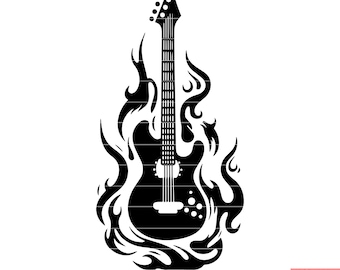 Guitarra en llamas Fuego Instrumento musical Rock and Roll Llamas ardientes Concierto Actuación SVG DXF PNG Archivo de corte