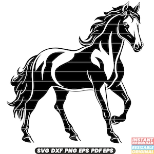 Cheval Équin Animal Mammifère Crinière Queue Sabots Galop Domestiqué SVG DXF PNG Couper Fichier Téléchargement instantané