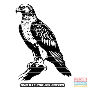 May include: Black and white silhouette of an eagle perched on a branch. The eagle is facing left and has its wings folded. The image is suitable for use as a digital download for crafting projects.