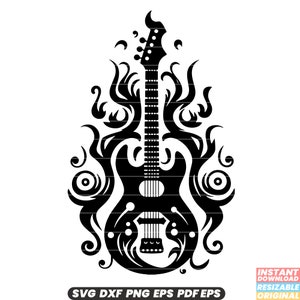 Brandende gitaar Rockmuziek Vlammen Fire Blaze Elektrische gitaar Instrument Muzikale concertuitvoering Metal Heavy Rocker SVG DXF PNG-bestand knippen