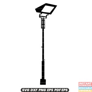 May include: Black silhouette of a streetlight with a rectangular light fixture on top of a tall pole.