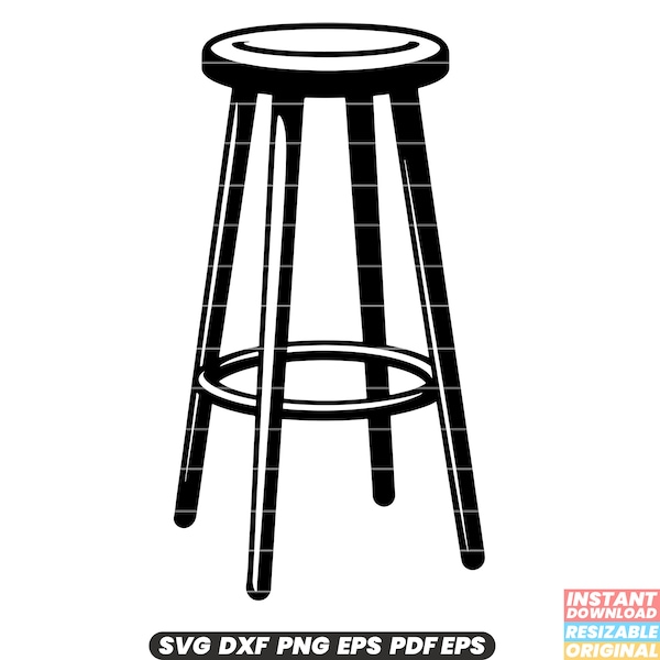 Bar Stool Furniture Seat Bar Counter Pub Tall Chair Kitchen Island Swivel Footrest Metal Wooden Cushion Comfortable SVG DXF PNG Cut File