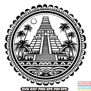 May include: Black and white illustration of a Mayan pyramid with palm trees and a decorative border. The pyramid has a staircase leading to the top. The image is in a circle.