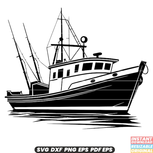 Trawler Fishing Boat Vessel Commercial Fishery Industry Sea Ocean SVG DXF PNG Cut File Digital Instant Download