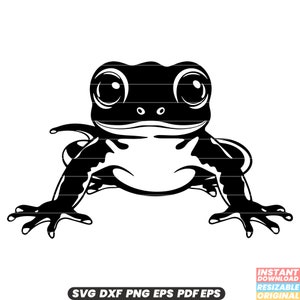 May include: Black and white silhouette of a frog with large eyes and a wide smile. The frog is sitting on its hind legs with its front legs outstretched.