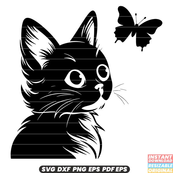 Cat and Butterfly Kitty Kitten Feline Animal Whiskers Paw Butterfly Insect Wings Fluttering Nature Playful Cute Sweet SVG DXF PNG Cut File