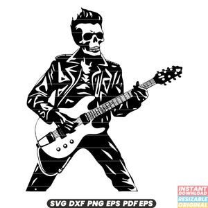 Skelet gitaar spelen Halloween kostuum griezelige muzikant skelet rocker elektrische gitaar schedel tokkelen snaren muziek SVG DXF PNG-bestand knippen