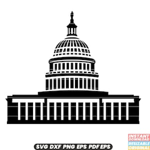 May include: Black and white silhouette of the United States Capitol Building. The building has a dome and columns.