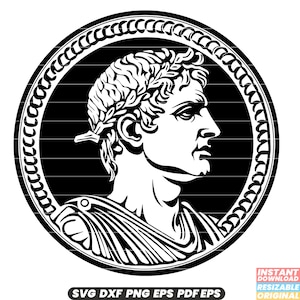 Puede incluir: Ilustración en blanco y negro de la cabeza de un hombre de perfil, con una corona de laurel. La imagen está sobre un fondo negro con un borde circular.