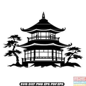 Könnte beinhalten: Schwarze Silhouette einer traditionellen japanischen Pagode mit einem mehrstufigen Dach und mehreren Fenstern. Zwei kleine Bäume befinden sich auf beiden Seiten der Pagode.