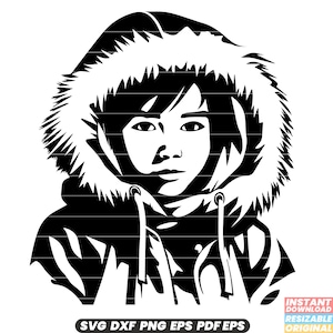 May include: Black and white silhouette of a person wearing a hooded winter jacket with a fur trim. The person is looking straight ahead with a serious expression.