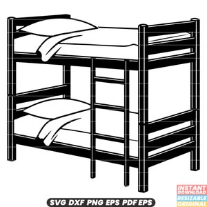 May include: A black and white line drawing of a bunk bed with two mattresses and pillows. The bed has a ladder on the side.