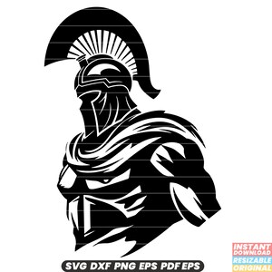 May include: Black and white silhouette of a Spartan warrior wearing a helmet with a plume. The warrior is facing to the right and has a determined expression.