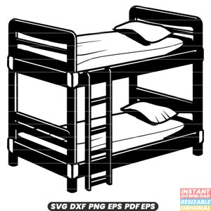 May include: Black and white illustration of a bunk bed with a ladder. The bed has a mattress and a pillow on each bunk.