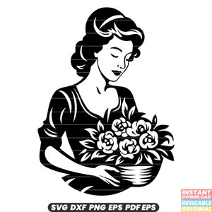 Vrouw bloemenmand natuur bloemen boeket tuin vrouw bedrijf verzamelen bloemen bloeiende schoonheid bloesems lente zomer SVG DXF PNG-bestand knippen