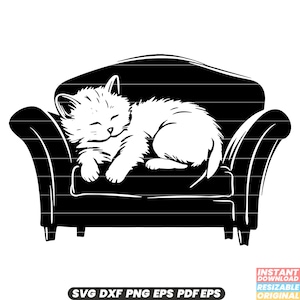 May include: Black and white silhouette of a cat sleeping on a couch. The cat is curled up on the couch with its head resting on its paws.