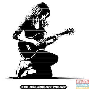 Meisje gitaar spelen musicus instrument akoestische elektrische gitarist uitvoering muziek band concert lied hobby talent SVG DXF PNG-bestand knippen
