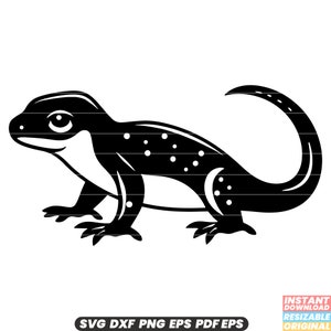 May include: Black and white silhouette of a spotted lizard with a long tail. The lizard is facing left and has a large head with a round eye.