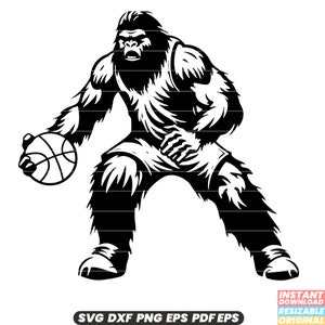 May include: Black and white illustration of a gorilla wearing a basketball jersey and holding a basketball. The gorilla is in a basketball stance, ready to dribble the ball.