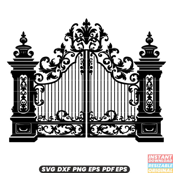 Iron Gate Metal Entrance Fence Barrier Security Ornate Design Wrought Iron Vintage Decorative Architecture Entranceway SVG DXF PNG Cut File