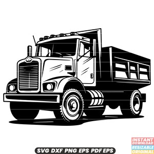 Könnte beinhalten: Schwarzweiß-Illustration eines Kipplastwagens. Der LKW hat eine große Kabine mit Kühlergrill und Scheinwerfern. Die Ladefläche des LKW ist angehoben und leer.