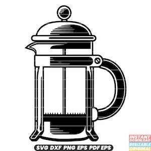 May include: Black and white illustration of a French press coffee maker. The coffee maker has a glass carafe with a lid and a handle.
