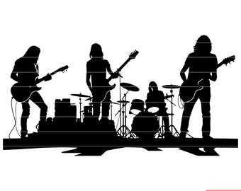 Banda de rock Grupo musical Músicos Actuación Concierto Guitarra Batería Bajo Vocalista Entretenimiento Escenario Espectáculo SVG DXF PNG Archivo de corte
