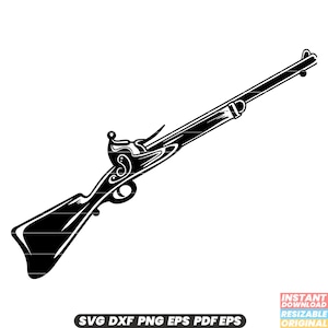 Puede incluir: Silueta en blanco y negro de un rifle de chispa antiguo.