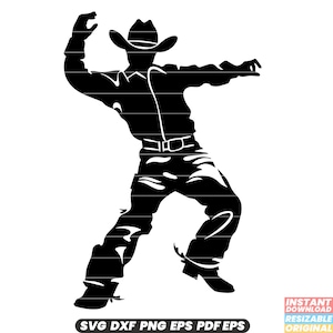 以下が含まれることがあります： 帽子とブーツを履いたカウボーイの黒いシルエット。片方の腕を上げ、もう片方の腕を横に伸ばしている。