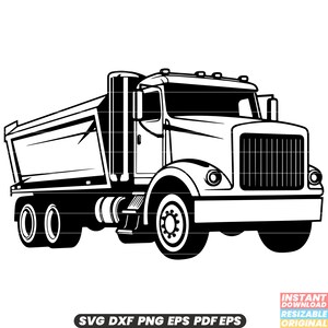 Könnte beinhalten: Eine Schwarzweißillustration eines Kipplastwagens. Der LKW hat eine große Kabine mit Kühlergrill und Scheinwerfern. Die Ladefläche des LKW ist angehoben und leer.