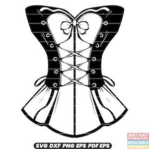 May include: A black and white illustration of a corset with a bow at the top and a lace-up front. The corset has a ruffled skirt.