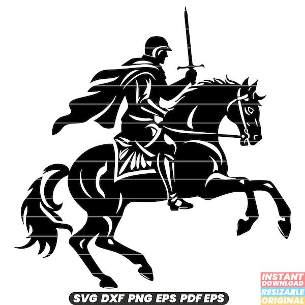 Horseman Knight Medieval Armor Warrior Equestrian Horseback Riding Lance Sword Combat Heroic Chivalry Brave Adventure SVG DXF PNG Cut File