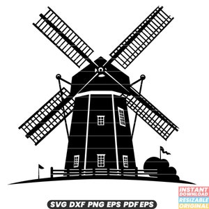 Molino de viento holandés SVG Países Bajos Holanda Paisaje Arquitectura Tradicional Vintage Rural DXF PNG Archivo de corte #1