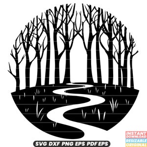 Puede incluir: Ilustración en blanco y negro de una escena de bosque. Un camino sinuoso serpentea a través de un bosque de árboles, encerrado en un marco circular. Incluye el texto "SVG DXF PNG EPS PDF EPS".