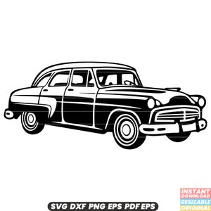 May include: Black and white silhouette of a vintage car. The car has a rounded body style with a large windscreen and a chrome bumper. The car is facing slightly to the right.