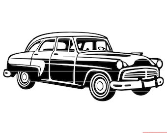 Puede incluir: Silueta en blanco y negro de un coche antiguo. El coche tiene una carrocería redondeada con un parabrisas grande y un parachoques cromado. El coche está ligeramente girado hacia la derecha.