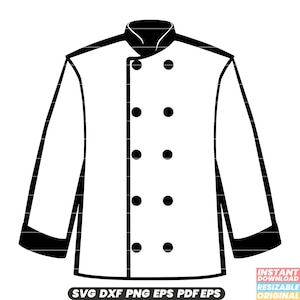 May include: Black and white line art illustration of a chef's jacket with a high collar and six buttons down the front.