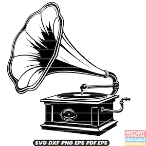 Grammofoon Vintage Retro Muziekspeler Fonograaf Platenspeler Nostalgie Geluid Antieke Draaitafel Muziek Entertainment SVG DXF PNG-bestand knippen
